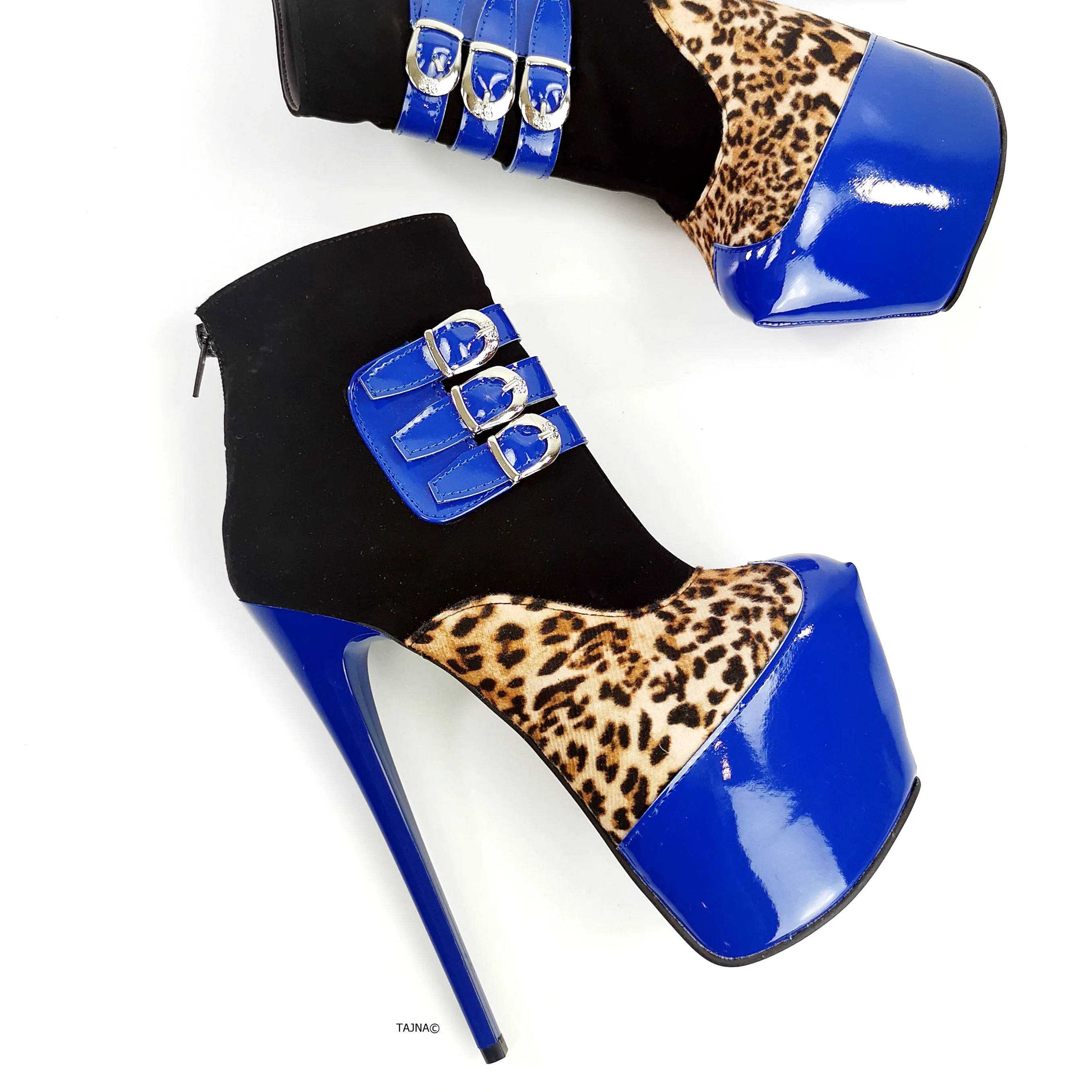 Blue Gloss Leopard Detail Ankle Heel Boots