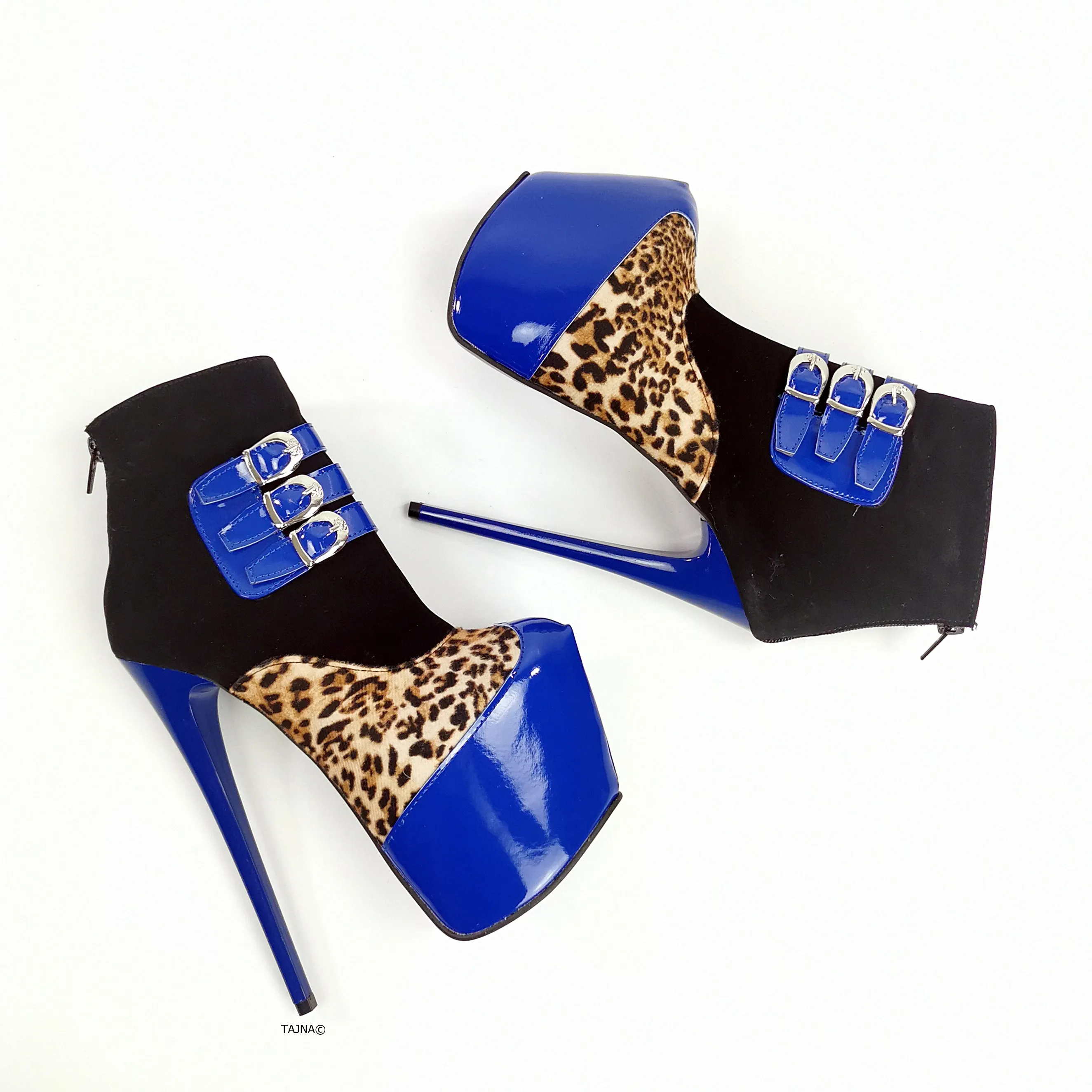 Blue Gloss Leopard Detail Ankle Heel Boots