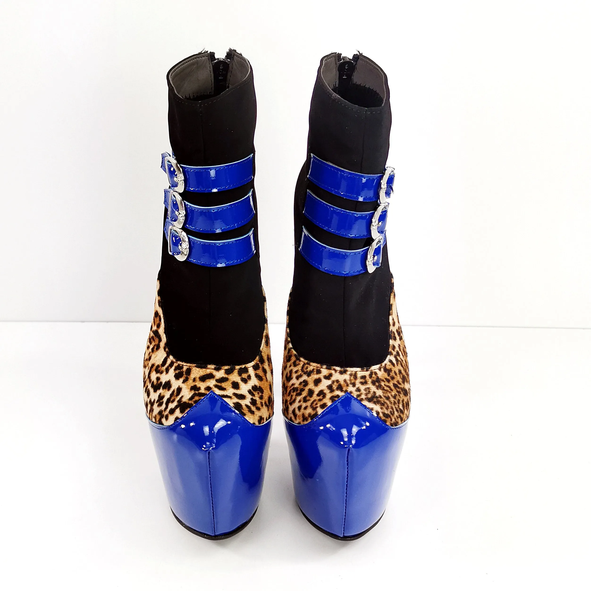 Blue Gloss Leopard Detail Ankle Heel Boots