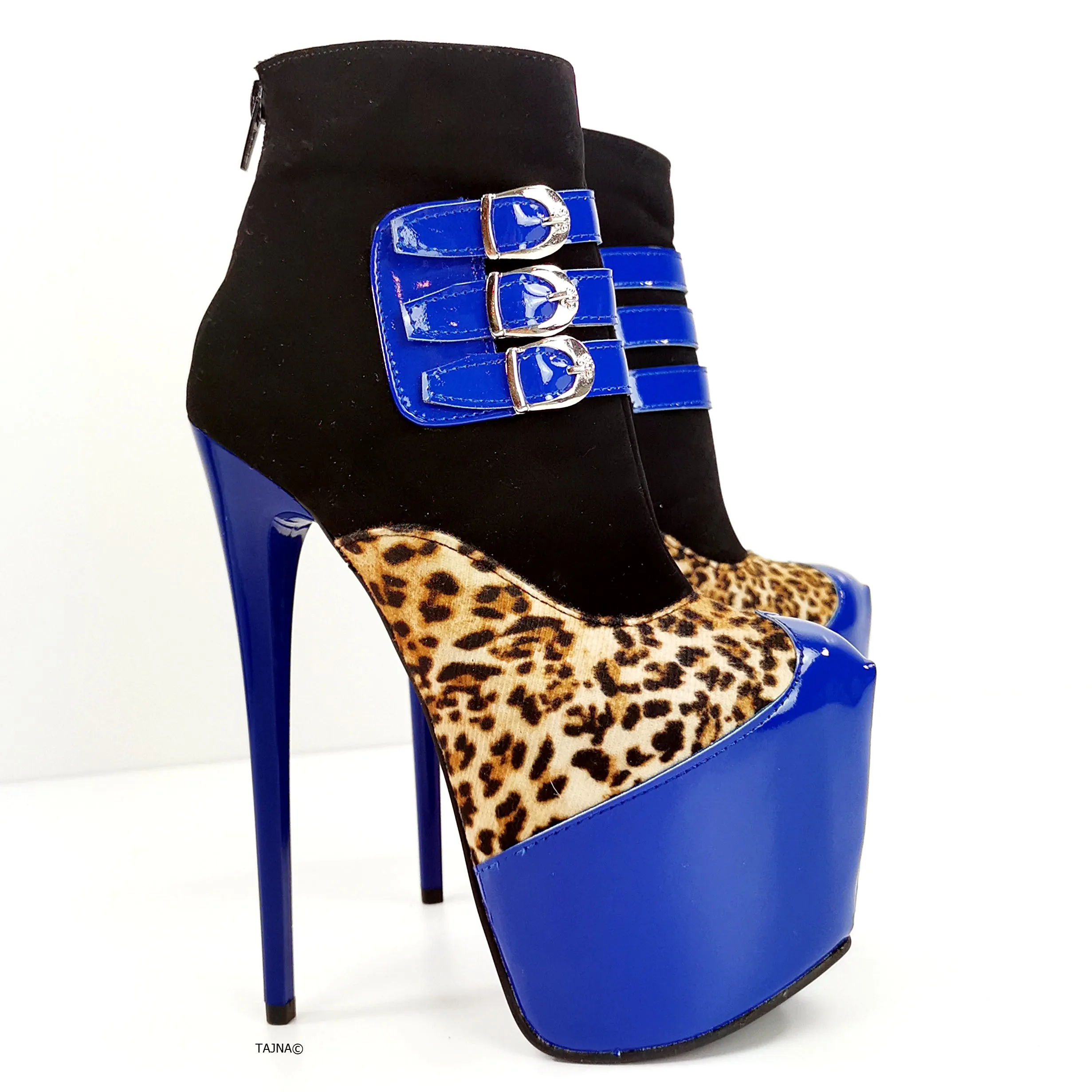 Blue Gloss Leopard Detail Ankle Heel Boots