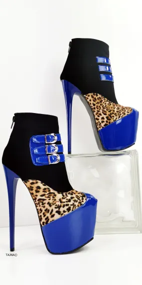 Blue Gloss Leopard Detail Ankle Heel Boots