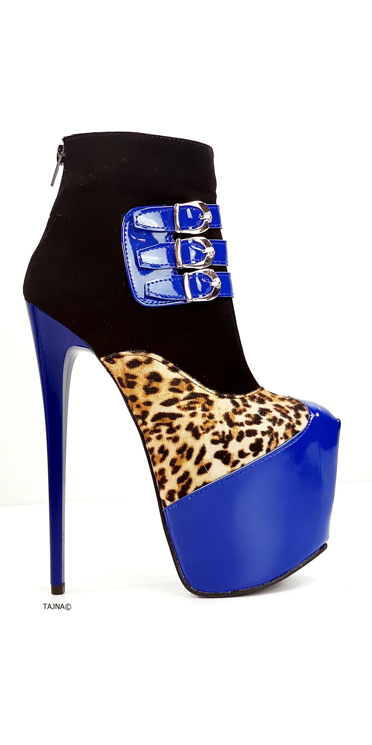 Blue Gloss Leopard Detail Ankle Heel Boots