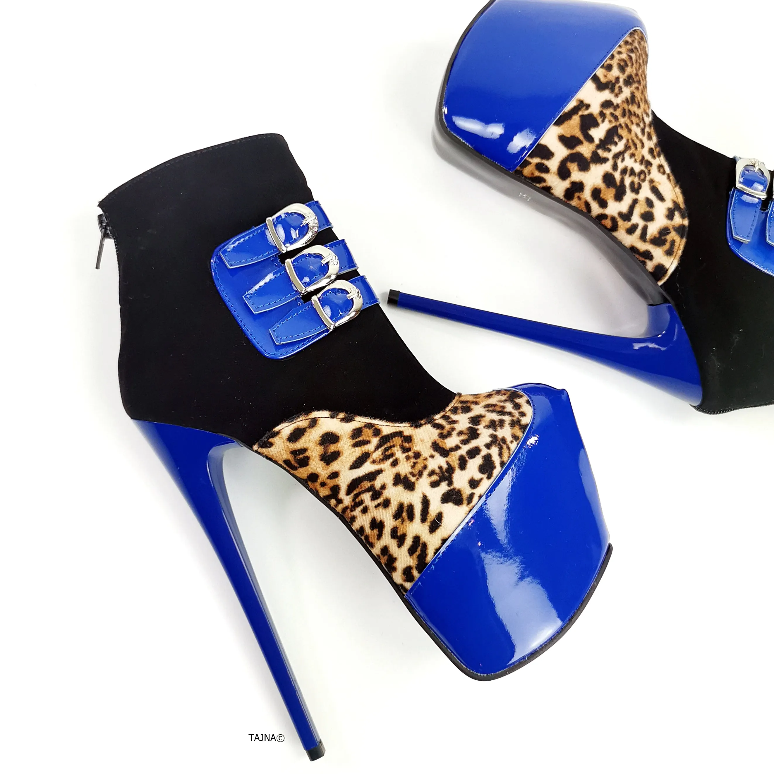 Blue Gloss Leopard Detail Ankle Heel Boots