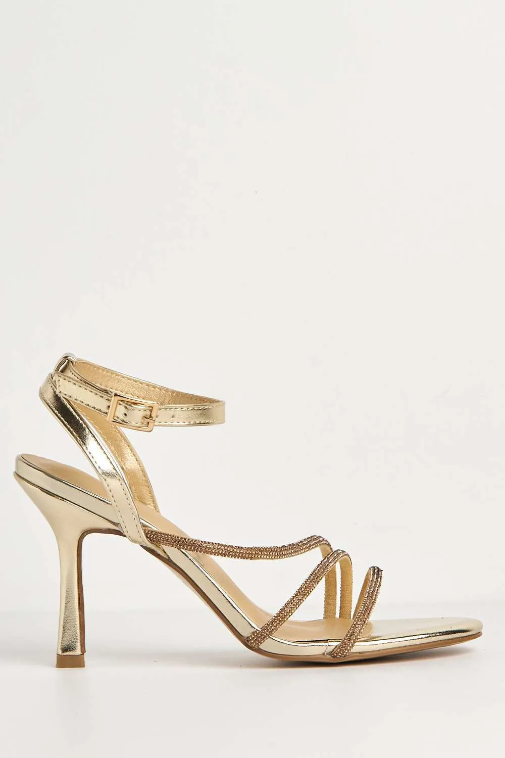 Carra Diamante Embellished Ankle Strap Sandals in Gold