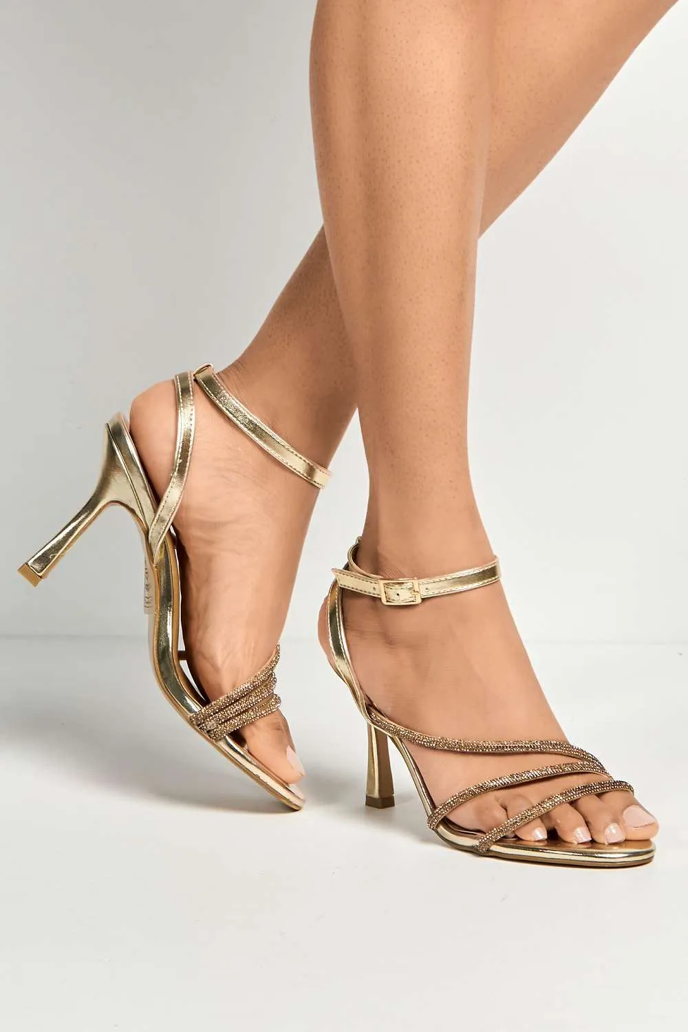 Carra Diamante Embellished Ankle Strap Sandals in Gold