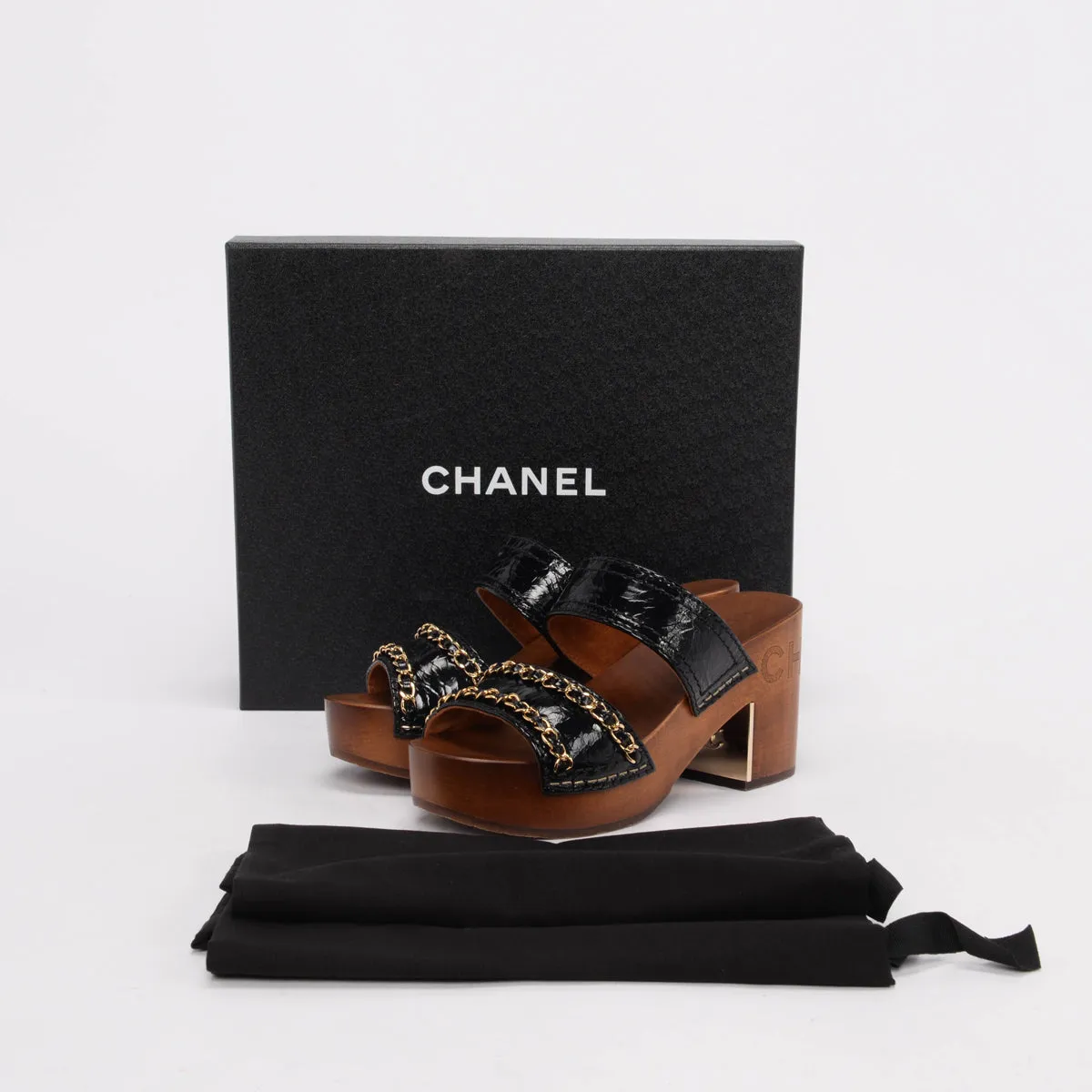 Chanel Black Leather Chain-Trim Wooden Sandals 35