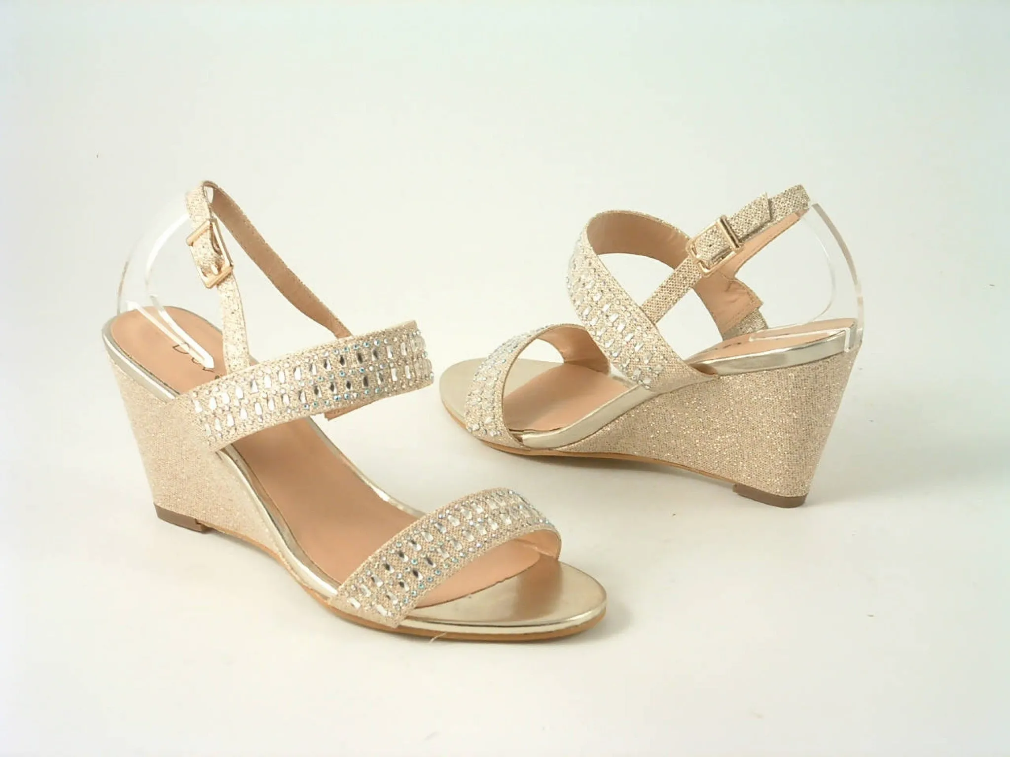 Glitz Shoes Divine Glitter Diamante Mid Wedge Heeled Sandal