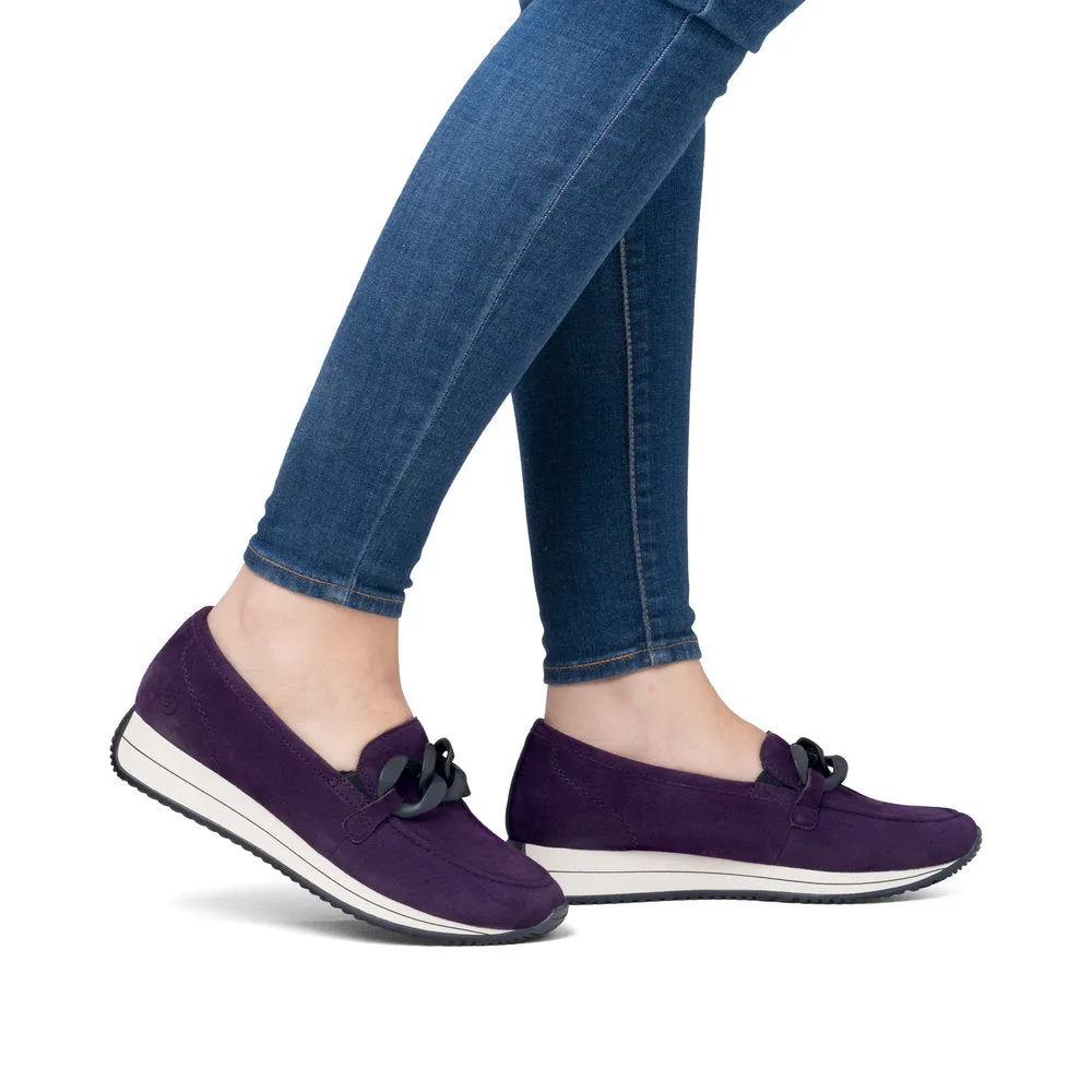 Ladies Remonte Slip On Shoes With Buckle Detail Aubergine Suede D0H10-30