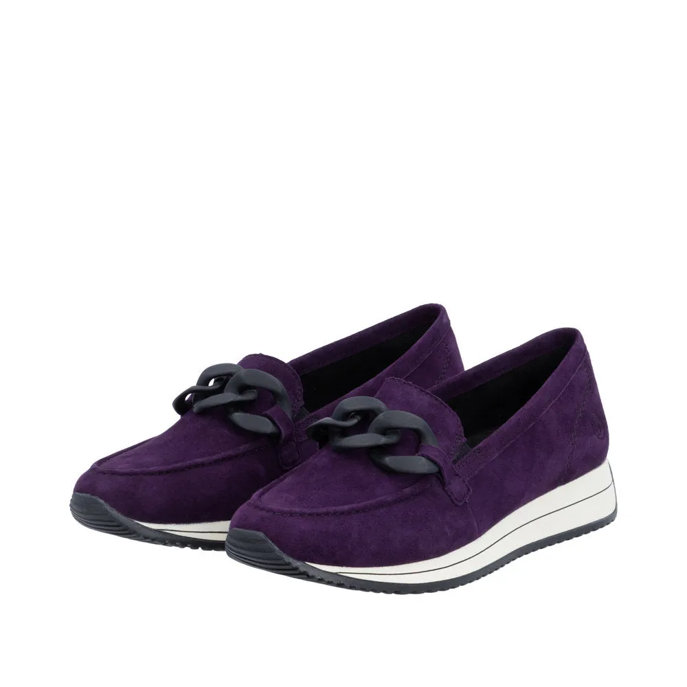 Ladies Remonte Slip On Shoes With Buckle Detail Aubergine Suede D0H10-30