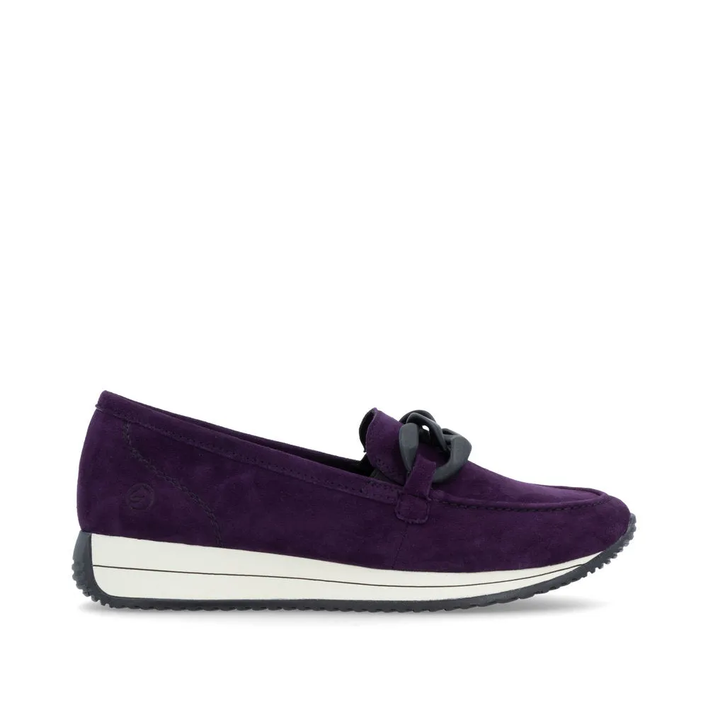 Ladies Remonte Slip On Shoes With Buckle Detail Aubergine Suede D0H10-30