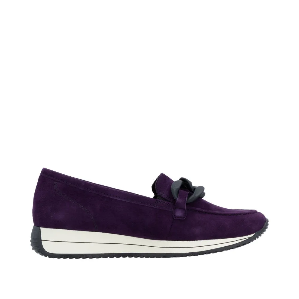 Ladies Remonte Slip On Shoes With Buckle Detail Aubergine Suede D0H10-30