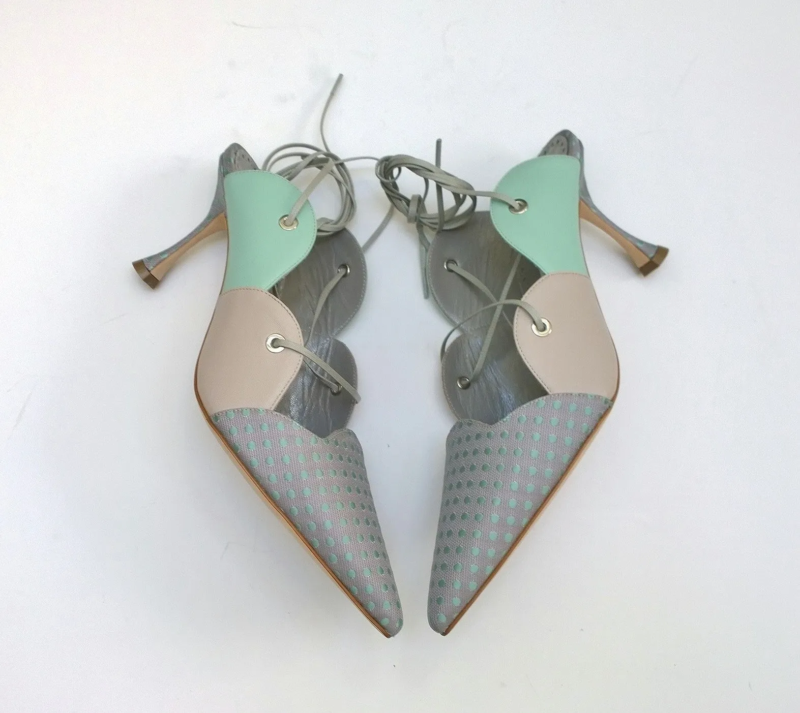 Manolo Blahnik Troina Ankle Ties Heels in Mint Leather and Brocade