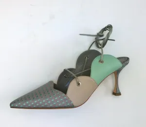 Manolo Blahnik Troina Ankle Ties Heels in Mint Leather and Brocade