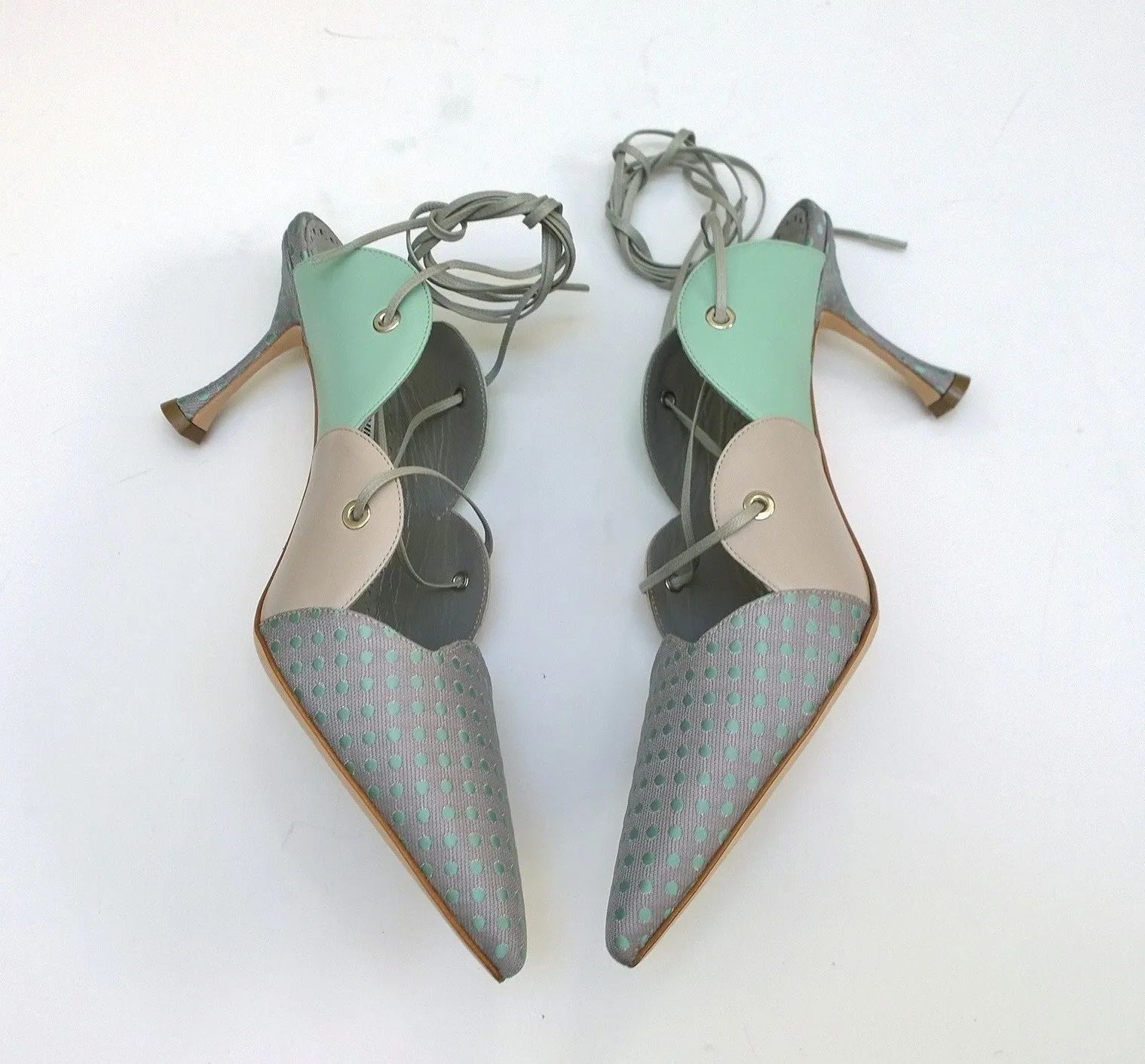 Manolo Blahnik Troina Ankle Ties Heels in Mint Leather and Brocade