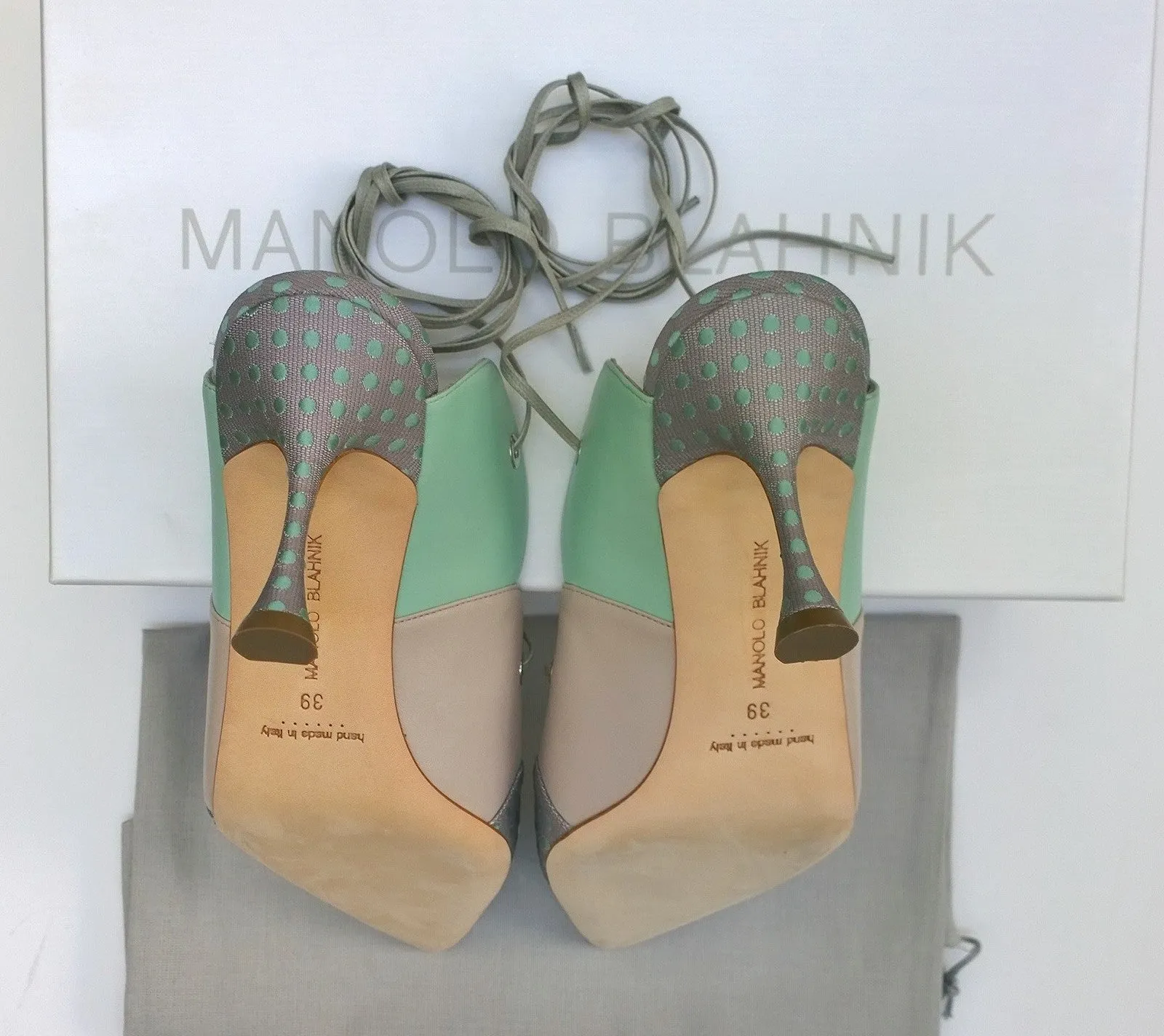 Manolo Blahnik Troina Ankle Ties Heels in Mint Leather and Brocade