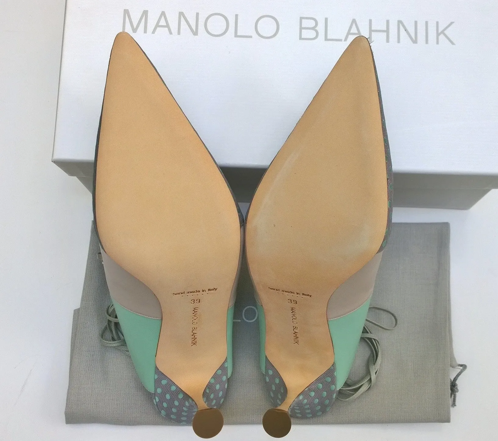 Manolo Blahnik Troina Ankle Ties Heels in Mint Leather and Brocade