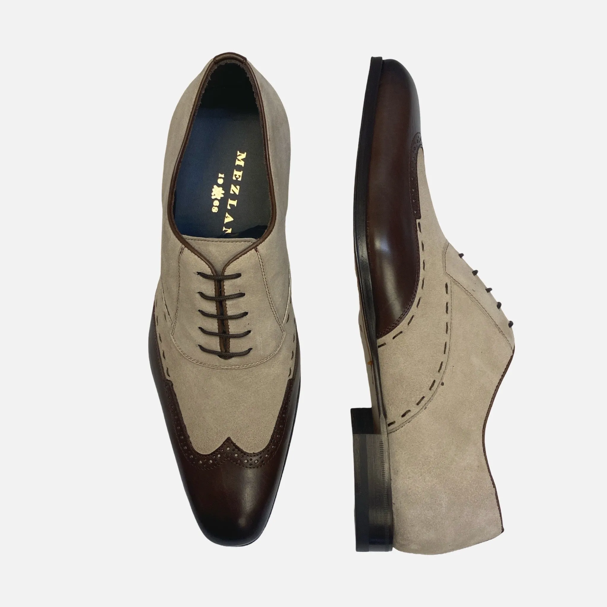 Mezlan Paganini Brown/Taupe Wingtip Suede and Leather Shoe