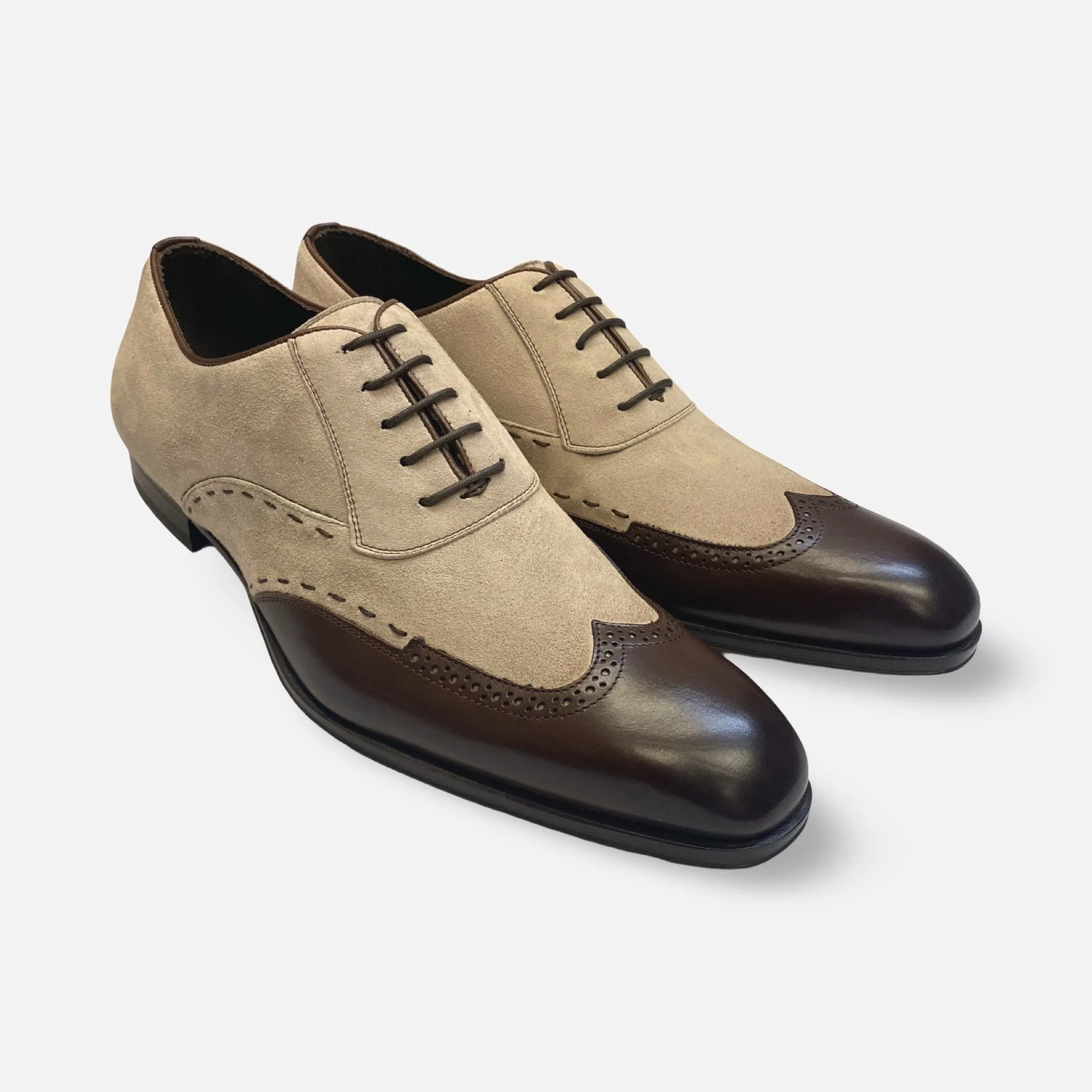 Mezlan Paganini Brown/Taupe Wingtip Suede and Leather Shoe